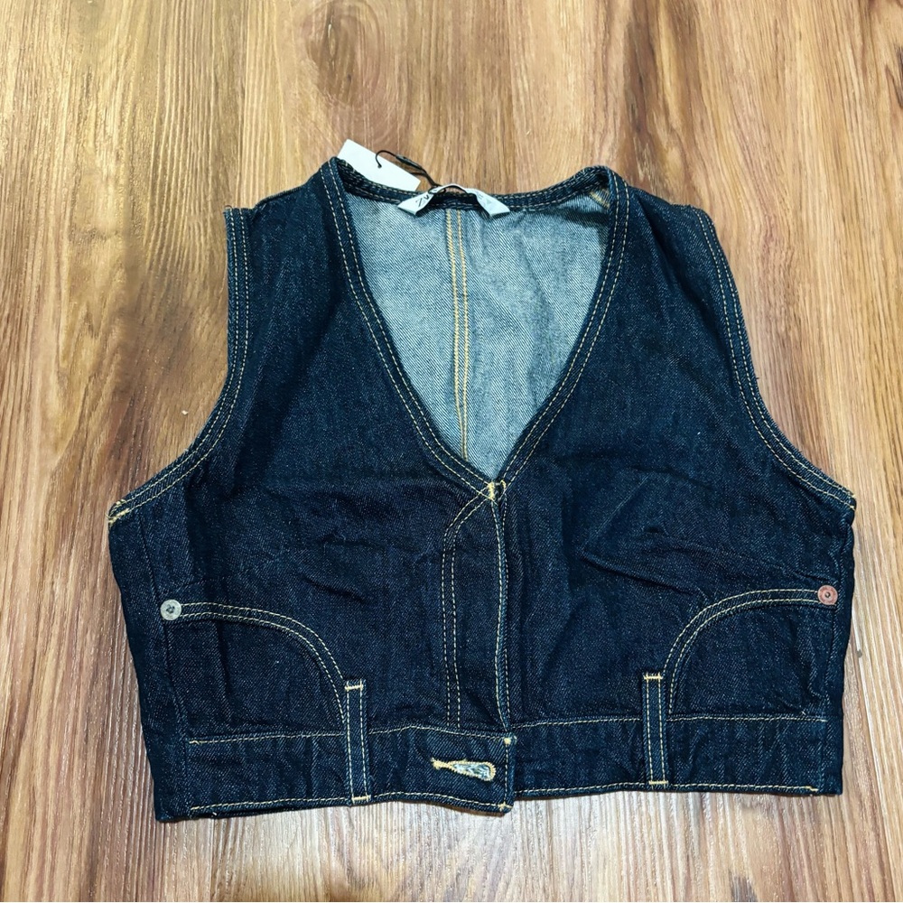 Zara Dark Indigo Denim Vest with Contrast Stitching